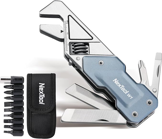 NexTool EDC Multi Tool, 6 in 1 Wrench Multitool with Knife, Flat/Phillips Screwdriver and Bottle Opener, Bike Multitool with 9 in 1 Bits Set and Nylon Pouch for Cycling Maintenancen, Household Repairs