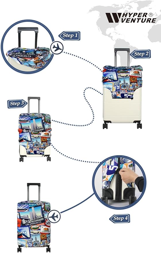 HYPER VENTURE Washable Luggage Cover - Fashion Suitcase Protector Fits 23-26 Inch Luggage (Travel Location, M)