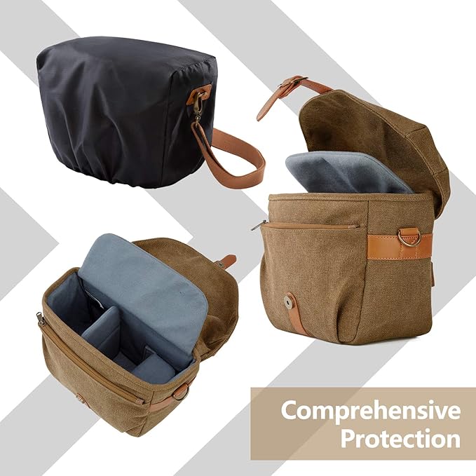 BAGSMART Camera Bag, SLR DSLR Canvas Crossbody Camera Case, Compact Camera Shoulder Bag with Rain Cover for Women and Men, Khaki