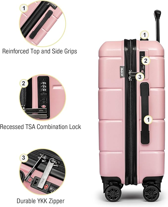 KYME 26 Inch Luggage TSA Approved Hardshell 26" Suitcases with Spinner Wheels Durable Medium Travel Checked Luggage with Cup Holder for Women Men Pink