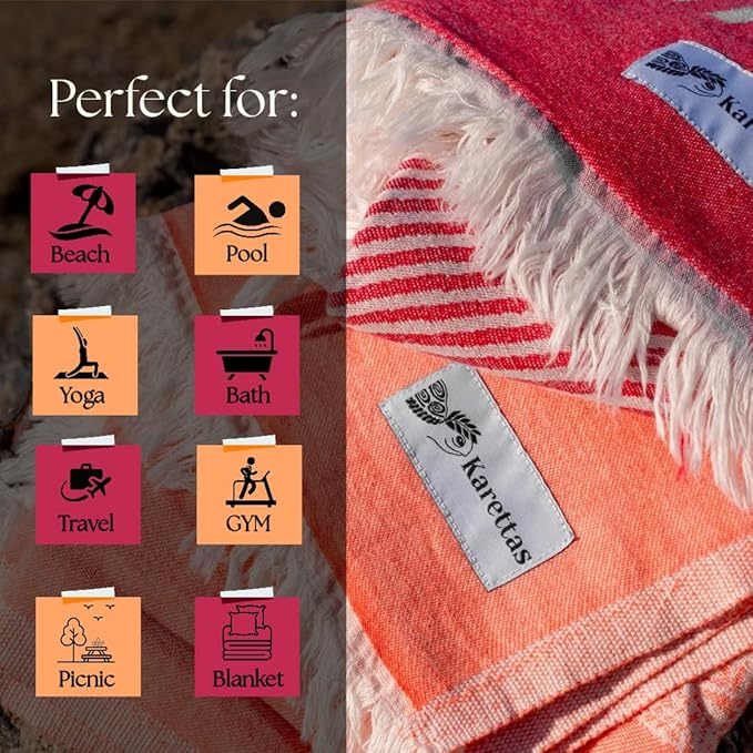 Turkish Beach Towel - 100% Organic Cotton - Soft, Quick-Dry, Sand Proof, Prewashed - Lightweight & Oversized for Beach, Pool, Yoga, Bath, Travel, Gym, Throw - Turqua (Blue)