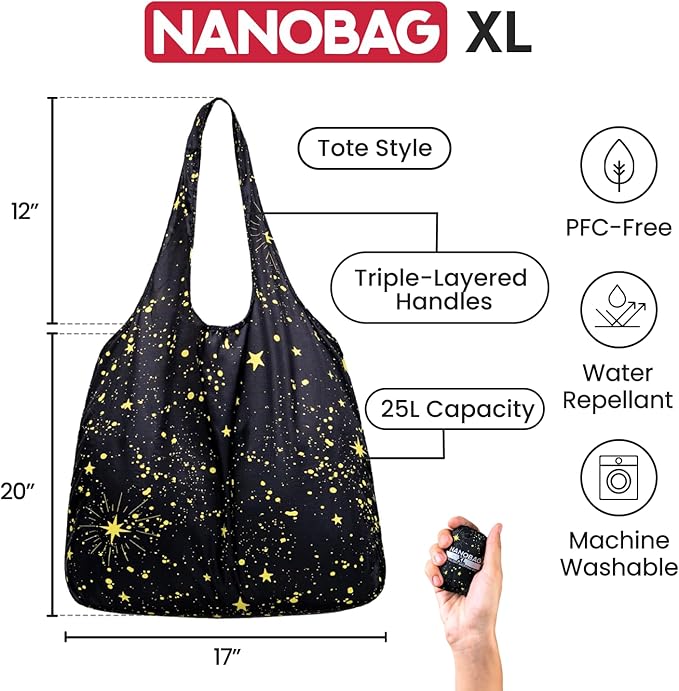 Nanobag Ultra-Lightweight Heavy Duty Foldable Tote for Women & Men, Reusable Grocery & Travel Bag, Packable Collapsible Compact Market Essential (XL Forest)