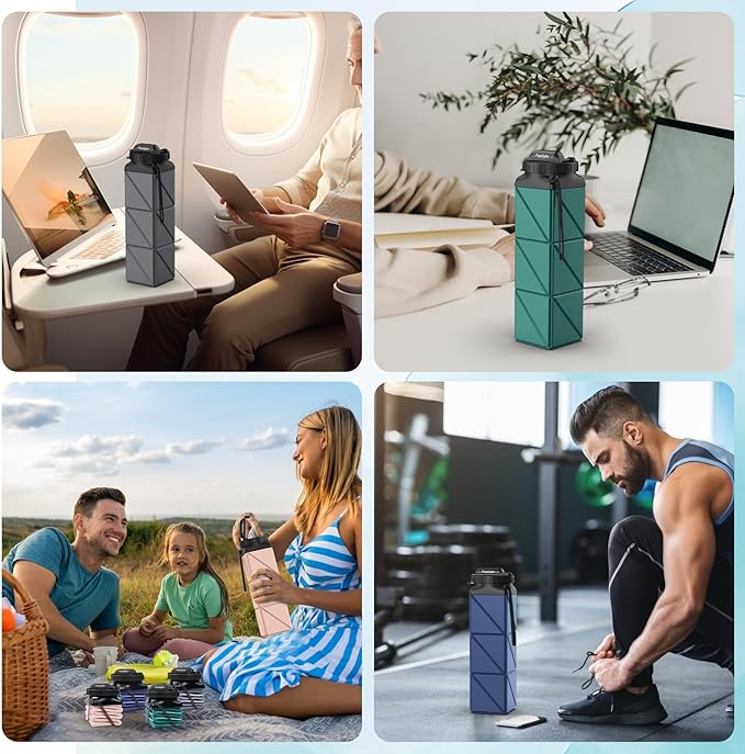 Collapsible Water Bottles 20.6oz Foldable Water Bottle BPA Free Reusable Lightweight LeakProof Travel Silicone Water Bottles for Travel Gym Hiking Camping (Upgrade Dark Green)