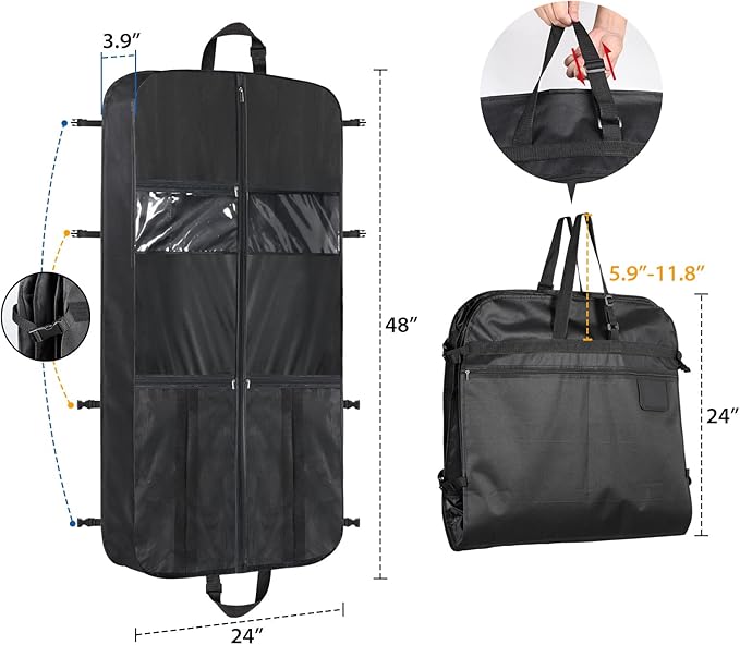 Zilink Heavy Duty Garment Bags for Travel with Accessory Pouch Carry on Suit Bags for Men Travel Convertible Hanging Suit Cover Bags for Women for Suit Shirts Coats Dresses, Black