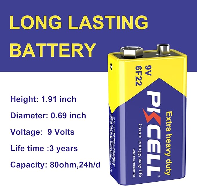 PKCELL 9V Battery Carbon Zinc for Smoke Detectors 6F22 Battery, 10-Year Shelf Life，Ultra Long-Lasting(2 Count)