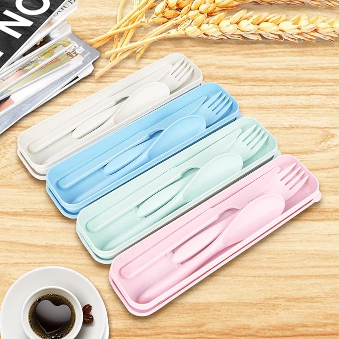 Reusable Travel Utensils Set with Case, Green Wheat Straw Portable Knife Fork Spoons Tableware, Eco-Friendly BPA Free Cutlery for Kids and Adults as Travel Picnic Camping Utensils