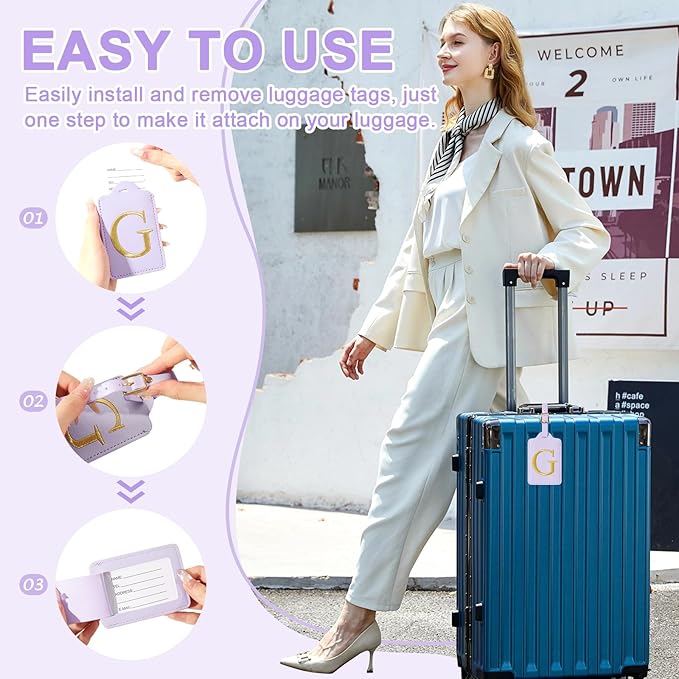 Personalized Initial Luggage Tags for Suitcase, Purple Leather Cute Luggage Tags with Privacy Cover Name Card, Embroidered Custom Monogrammed Luggage Tag Travel Backpack Tags Gifts for Women Kids(G)