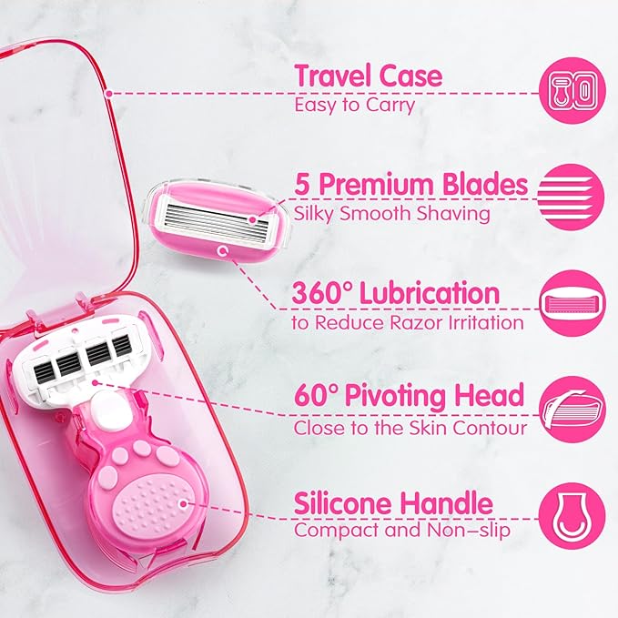 DreamGenius Travel Razors for Women, Travel Size Toiletries Include 1 Handle and 2 Cartridges, Extra Smooth 5-Blade Travel Essentials Razor with Case for Shaving, Pink