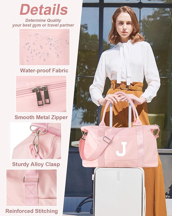 Initial Travel Duffel Bag Sports Gym Bag for Girls Teen Birthday Gifts,Pink Personalized Weekender Bag Carry On Tote Bags for Women Men,Waterproof Overnight Luggage Bag with Trolley Sleeve(Letter J)