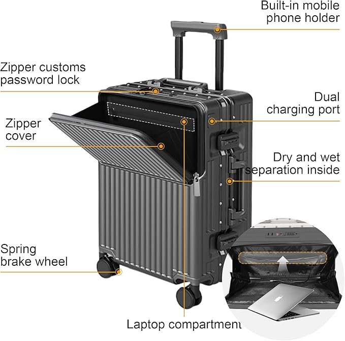 Hard Shell Luggage 24 Inch Travel Luggage, Carry-On Luggage Spinner TSA with Lid, ABS Aluminum Frame，Lightweight Travel Luggage 20'' 24'' 26''Carry-On (upgraded grey, 24 inch)
