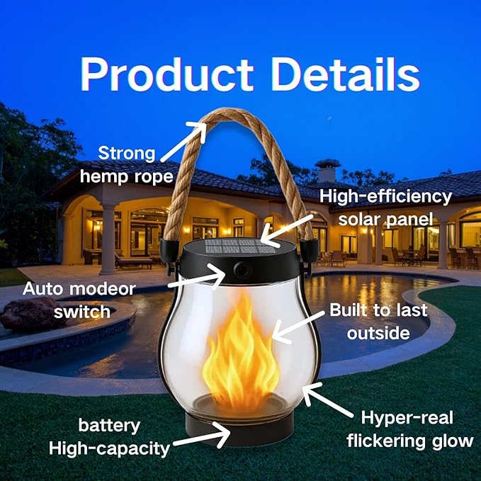 Solar Lantern Outdoor Lights, Flickering LED with Hemp Rope Handle, Dual Charging (Solar & USB), Water-Resistant Hanging Decor for Garden, Yard, Patio, Porch, Pathway, Camping (2)