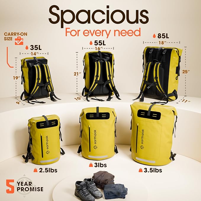 Earth Pak Waterproof Backpack - Heavy Duty Hiking Backpack - Roll-Top Closure Bag - Cushioned Dry Bag Waterproof Phone Case