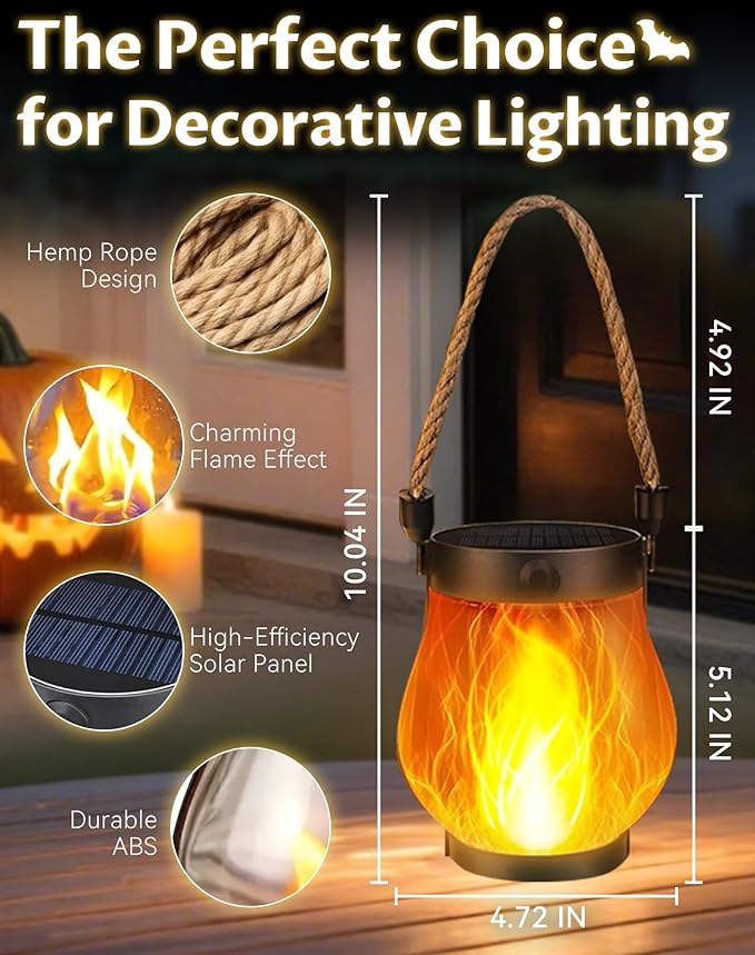 Kaliqo Solar Lantern Outdoor Lights - Official, Waterproof Kaliqo Solar Flame Lights Hangable with Dancing Flame, Hemp Rope Hanging Flame Lanterns,Dual Charging Modes, Smokeless (5pack)