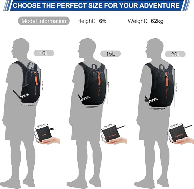 FIORETTO 20L Hiking Backpack for Women Men Mini Packable Backpack Lightweight Small Daypack for Camping Travel Outdoor, Black