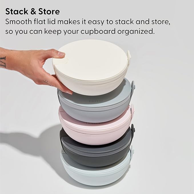 W&P Porter Ceramic Bowl Lunch Container w/ Protective Non-slip Exterior, Cream 1 Liter | Lid & Snap-tight Silicone Strap | Food Storage, Bento Box, Meal Prep | BPA-Free Ceramic
