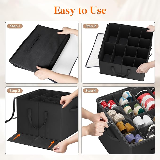 Lifewit Shoe Storage Organizer for Closet, Fits 12-16 Pairs, Large Shoe Box Storage Containers with Clear Cover and Reinforced Handles, Foldable Storage Bins Fit for Boots Heels Sneakers, 2 Pack Black