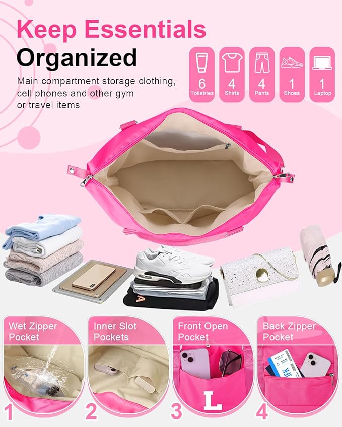 Overnight Bag for Kids Teen Girls Weekender Dance Bag Birthday Graduation Gifts,Initial Travel Duffel Bag Sports Gym Bag Personalized Weekender Bag Carry On Bags Preppy Gifts for Women(Hot Pink, L)