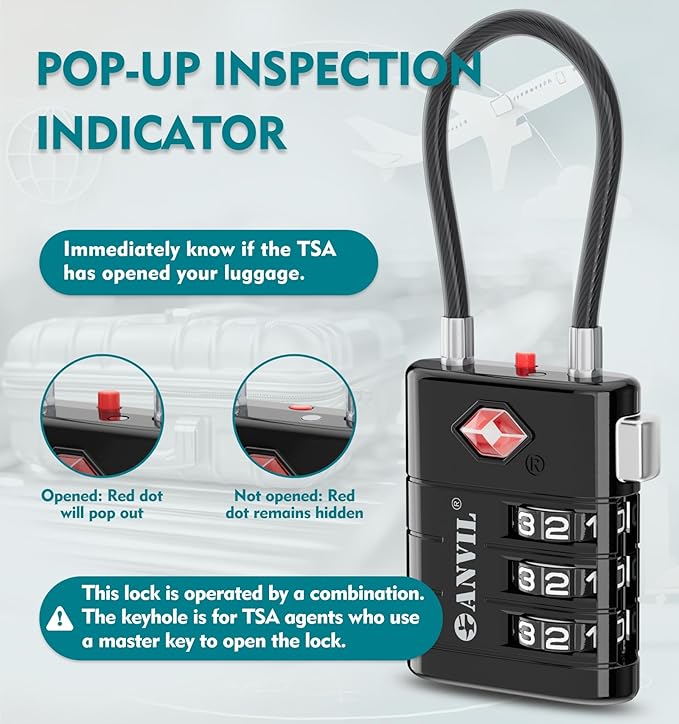 ANVIL TSA Approved Luggage Locks – High Security TSA008 Combination Travel Locks with Inspection Indicator for Suitcases and Backpacks. (6, Black)