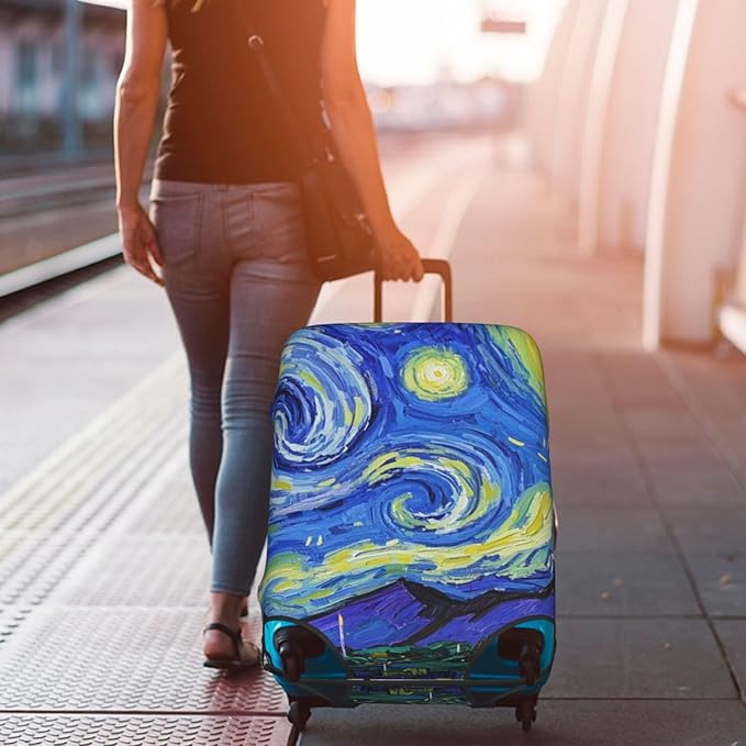 Vincent Van Gogh Starry Sky Night Luggage Cover Washable Suitcase Protector, Luggage Tag Travel Birthday Gifts For Men Women (L 26-28 Inch Luggage)