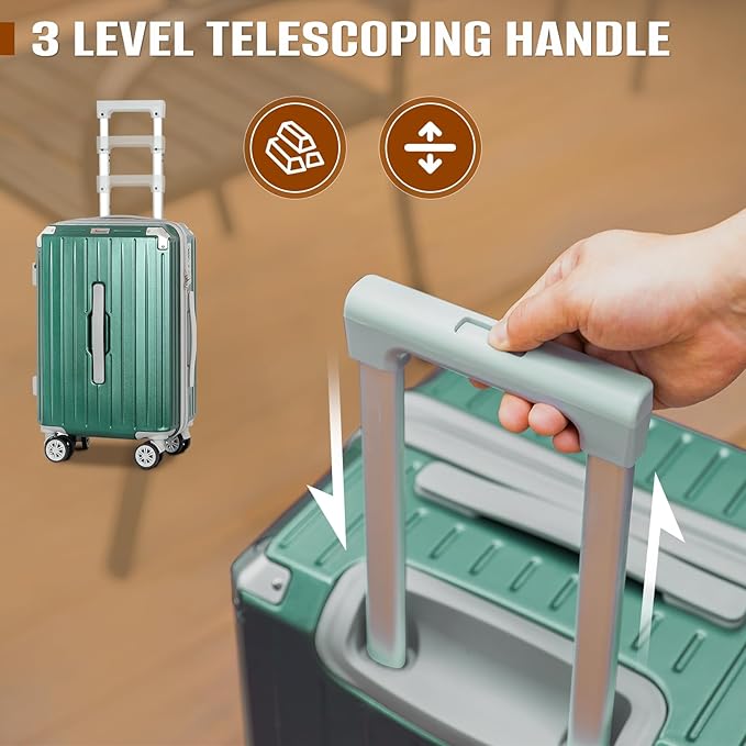 Romswi 3-Piece Carry-On Luggage Set with Cup Holder TSA Lock, 20" Hardside Spinner Suitcase with Duffel Bag, Lightweight Durable PC+ABS Sage Green Travel Luggage