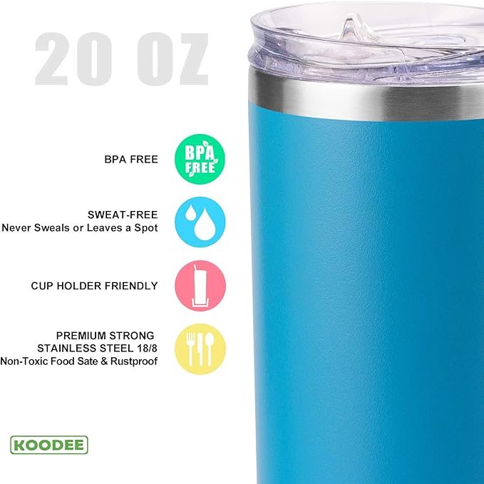 koodee Tumbler with Lid and Straw-20 oz Stainless Steel Vacuum Insulated Water Tumbler Cup for Adults, 2 Pack Slim Travel Coffee Tumbler for Women (Teal-Sky Blue)