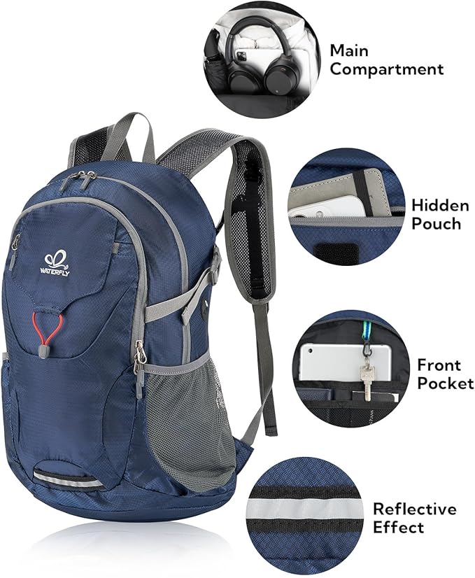 WATERFLY Lightweight Packable Hiking Backpack: 30L Foldable Travel Daypack Ultralight Camping Day Pack for Woman Man
