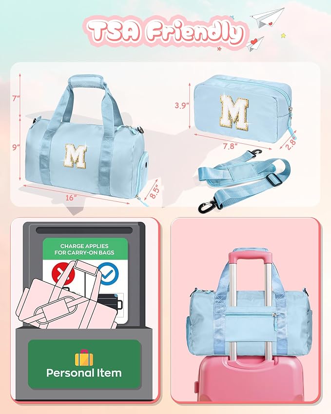 Cute Preppy Gifts for Girls-Girl Gym Bag with Shoe Compartment, Kid Personalized Weekender Overnight Bags, Initial Travel Tote with Makeup Pouch, Chenille Gift for Teen (Letter D)