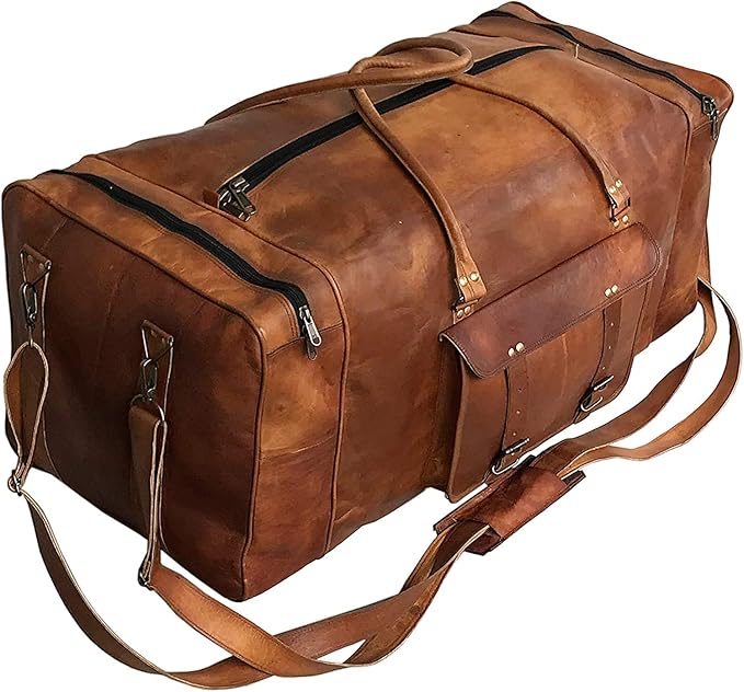 Leather 24 Inch Luggage Handmade Duffel Bag Carryall Weekender Travel Overnight Gym Sports Carry On Duffel Bag For Men And Women