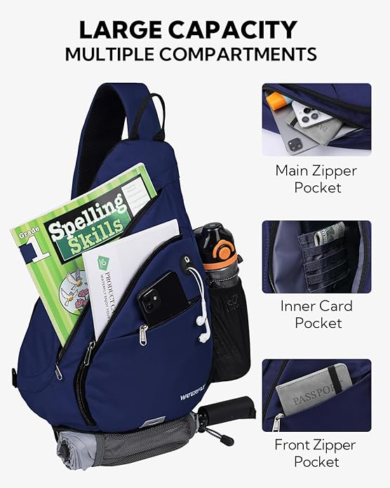WATERFLY Large Crossbody Sling Bag: Over Shoulder Backpack Daypack Casual Cross Chest Side Pack