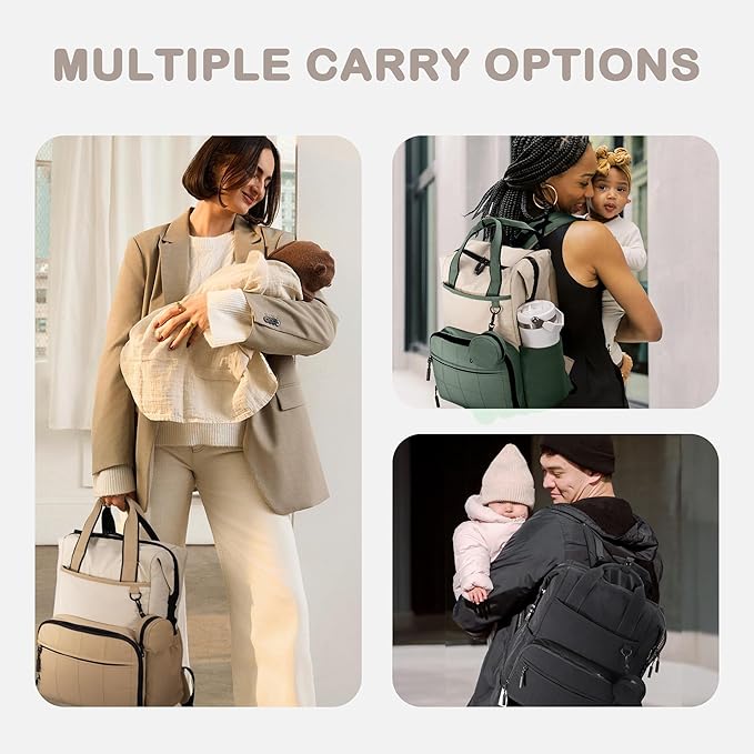 VONAL Diaper Bag Backpack, Lightweight Baby Diaper Bags, Travel Large Diaper Bag with Changing Station, Green Diaper Backpack for Boys Girls Newborn with Insulated Pockets, Stroller Straps