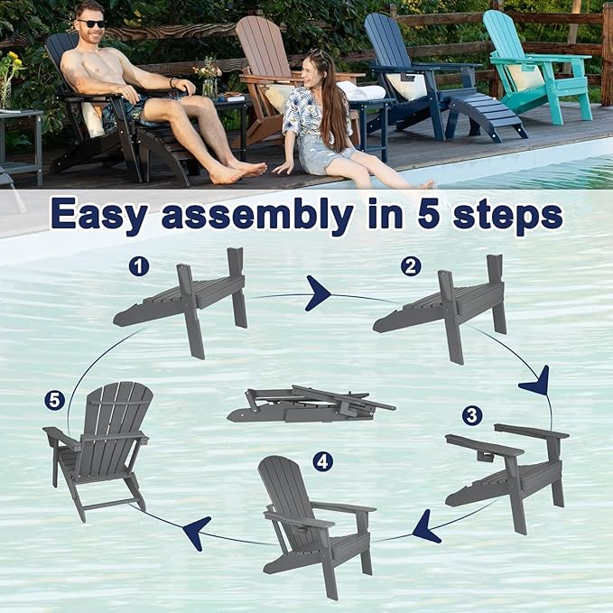 Folding Adirondack Chair - Extended Ergonomic Backrest, Cup Holder - Easy Assembly - Durable HDPE Plastic, Weather Resistant & Maintenance-Free - Lawn, Patio, Deck Supports 380lbs Grey