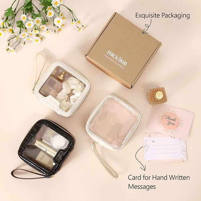 PACKISM Small Clear Makeup Bag - Pebbled Texture & Hard PU Leather Mini Makeup Bag for Purse, Cosmetic Travel Bag Car Bag for Essentials for Women Gift Daily Use (Cream Mini)