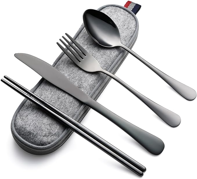 DEVICO Camping Utensils, Portable Travel Utensils with Case, Stainless Steel Reusable Silverware for Lunch Adult, 5Pcs Cutlery Set Includes Knife Spoon Fork Chopsticks and Case (Black)