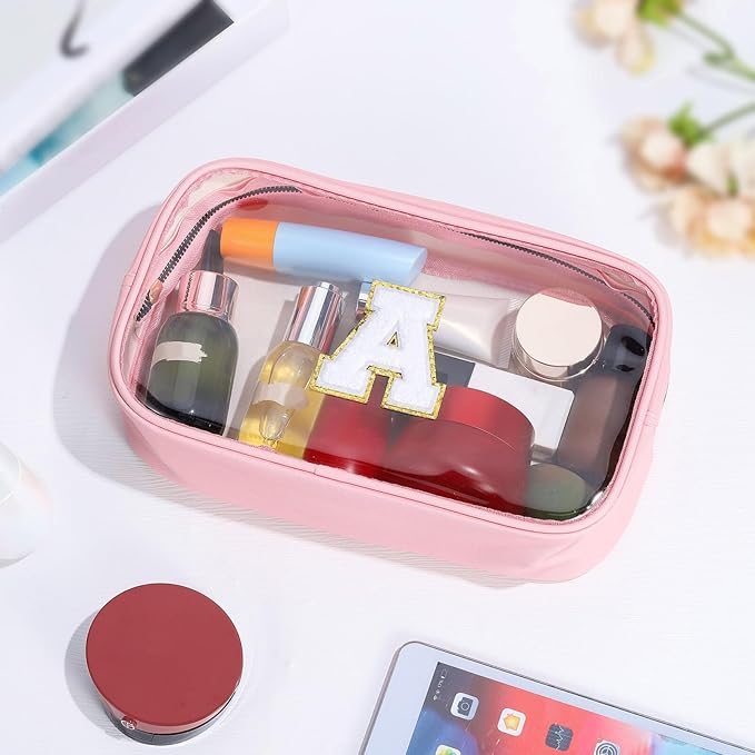 YOOLIFE Initial Travel Makeup Bag Pouch, Clear Toiletry Bag for Women Travel Accessories Cosmetic Bag Skin Care for Teen Make Up Bags Birthday Gifts for Women Unique Teacher Mom Friends Gifts Pink N