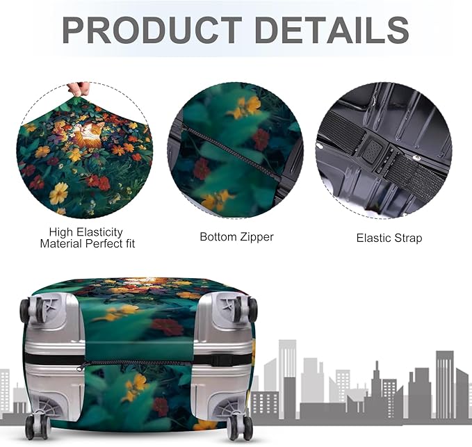 ANNA QUEEN Dreamy Cat Luggage Cover, Cat Sleeping in a Flower Field Design, Stretchable, Washable Travel Protector for 24-26 Inch Luggage