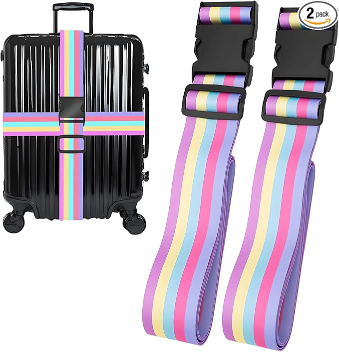 Rainbow Luggage Straps for Suitcases, Adjustable Luggage Travel Belts to Keep Luggage Security While Travel, Strong Polyester Fabric, Easy-to-Recognize Stylish Design Travel Accessories, 2 Pack