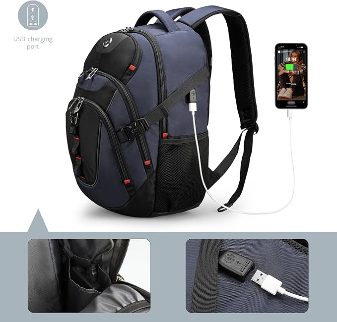 Swissdigital Design Laptop Backpack with USB Charging Port, TSA Travel Backpack Fits 15.6 inches Computer, 31L College School Backpack for Men, Blue/Black | SD803