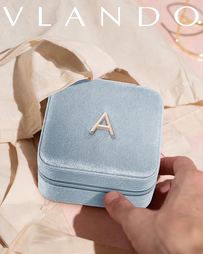 Vlando Birthday Gifts for Women Friendship, Personalized Initial Jewelry Box, Friendship Gifts for Women Friends, Travel Essentials Small Jewelry Box, Travel Box for Girls - Letter J, Blue