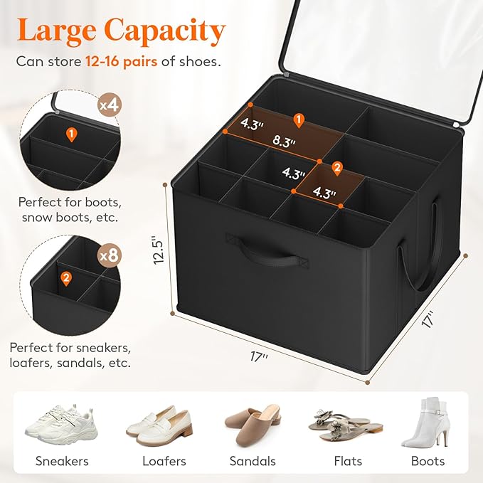 Lifewit Shoe Storage Organizer for Closet, Fits 12-16 Pairs, Large Shoe Box Storage Containers with Clear Cover and Reinforced Handles, Foldable Storage Bins Fit for Boots Heels Sneakers, 1 Pack Black