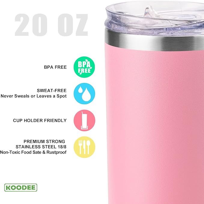 koodee 20 oz Stainless Steel Skinny Tumblers (2 Pack) Double Wall Insulated Water Tumbler Cup with Lid and Straw, Slim Travel Tumbler for Women/Men Diy Birthday Gift （Baby Blue-Pink）