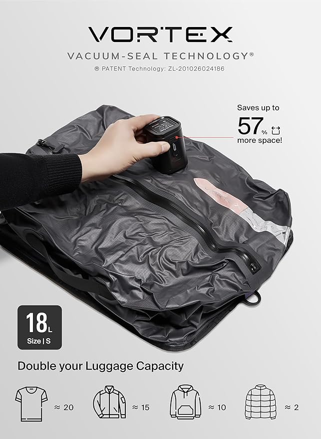 Black Voyage Reusable Vacuum Compression Travel Bag for Carry-On Suitcase and Backpack, Recycled IP67 Waterproof Space Saver Vacpack (1-Pack, 18L - Pump Included)