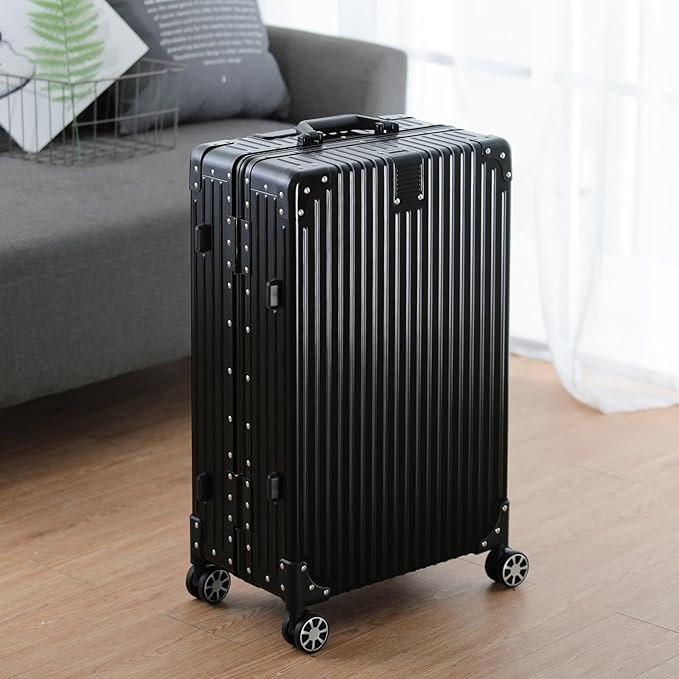 Metal All Aluminum Carry-on Luggage TSA Customs Lock Zipperless Silent Rotary Wheel Business Suitcase Aluminum Frame Set (black, 2Piece(20/28))