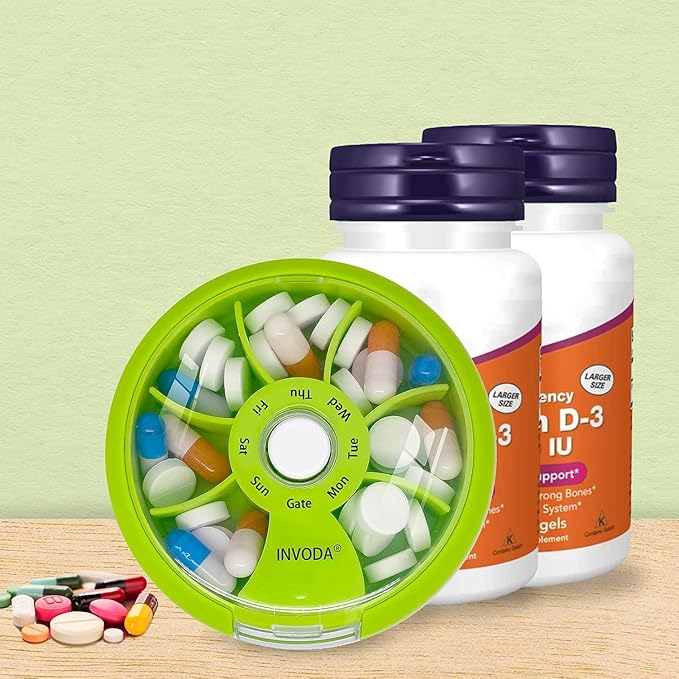 8PCS INVODA Weekly Pill Organizer 7 Compartment Rotating Pill Box for Daily Medication & Vitamins - Portable Travel Pill Case Fish Oil Supplements Vitamins Organizer