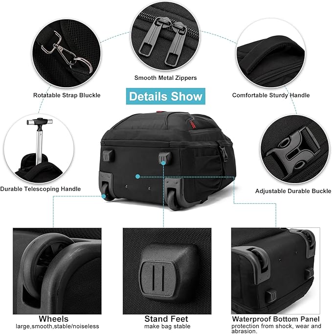 Rolling Backpack,18 inch Laptop Backpack with Wheels for Adults,Large Water Resistant Wheeled Backpack for Travel Carry on Trolley Luggage Suitcase College Business Computer Bag for Men Women, Black