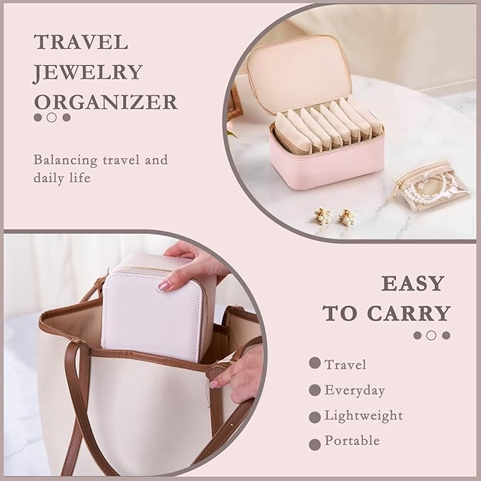 Jewelry Box Organizer for Women,Small Travel Jewelry Case,Mini Travel Jewelry Organizer with 6 Velvet Jewelry Zipper Pouches, Jewelry Box Organizer for Gift Idea for Girls(Pink)