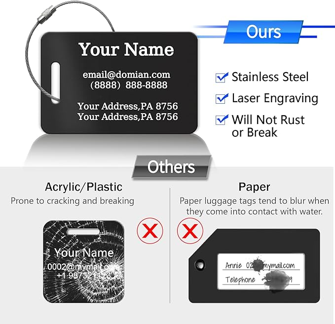 （2-Pack） Stainless Steel Custom Luggage Tags - Laser Engraved Personalized Travel Tags - Custom Name Identification Tags: for Suitcases, Backpacks, Bags and More (Silver)