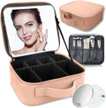 Makeup Bag with Led Mirror,Travel Makeup Organizer with 3 Color Setting & 10X Magnifying Mirror, Portable Storage and Adjustable Dividers Travel Makeup Bag-khaki