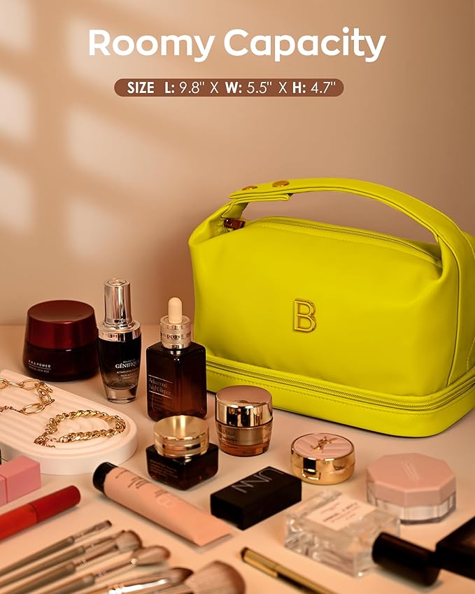 Women Gift Ideas, Personalized Makeup Bag with Handle, Initial Double Layer Cosmetic Bag with Makeup Brush Organizer, Cute Cosmetic Pouch for Women, Gifts for Friends Female Mom