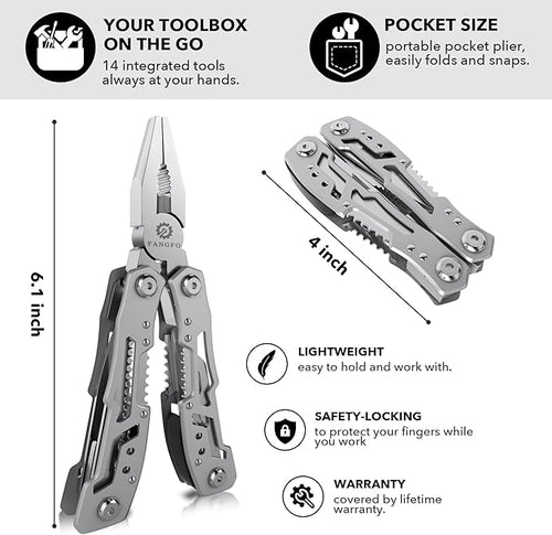 14-In-1 Multitool Pliers，Premium Portable Multi Tool ，with Safety Locking Professional Stainless Steel Multitool Pliers Pocket Knife,Apply to Survival, Camping, Gifts for Dad Husband Boyfriend