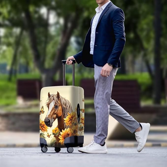 Horse Luggage Cover Universal Zip Suitcase Covers Elastic Spandex Fabric Baggage Cover Protector Butterfly Luggage Covers for Suitcase Non-Slip Baggage Case Covers(Sunflower), 30-32 Inch